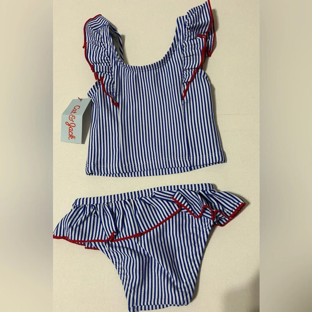 Cat & Jack Baby Girls Swimsuit Red White Blue Stripe Ruffles NWT 12 Months